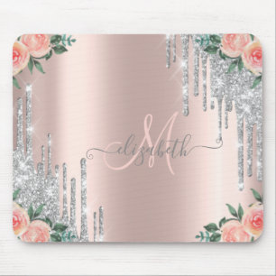 Silver Glitter Drips Rose Gold Floral Monogram Mouse Pad