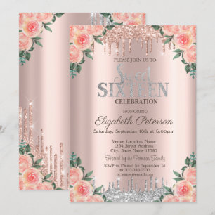 Silver Glitter Drips Rose Gold Floral Sweet 16 Invitation