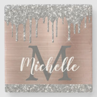 Silver Glitter Drips Rose Gold Metal Name Monogram