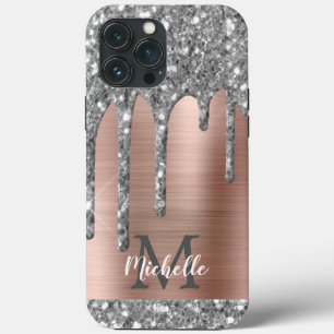 Silver Glitter Drips Rose Gold Metallic Monogram iPhone 13 Pro Max Case