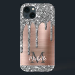 Silver Glitter Drips Rose Gold Metallic Monogram iPhone 13 Case<br><div class="desc">Modern, girly silver grey glitter drips name and monogrammed iphone case. This design features silver grey (grey) glitter sparkle drips on pink rose gold brushed metal background with custom personalized monogram initial and first name text template. Perfect feminine gift. Please note, this design is printed photo effect. If you need...</div>