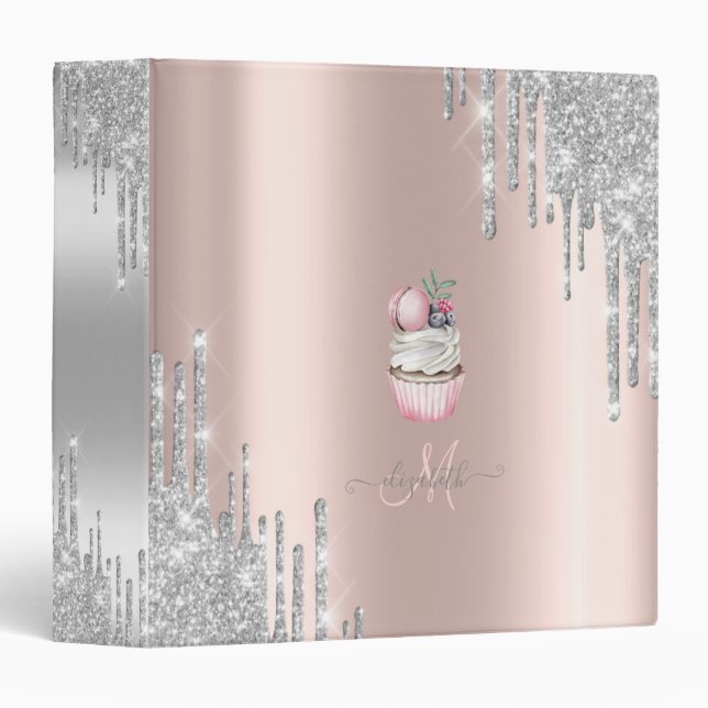 Silver Glitter Drips Rose Gold Monogram Cupcake Binder (Front/Spine)