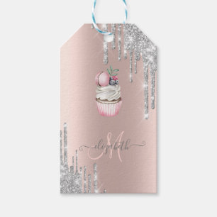 Silver Glitter Drips Rose Gold Monogram Cupcake   Gift Tags
