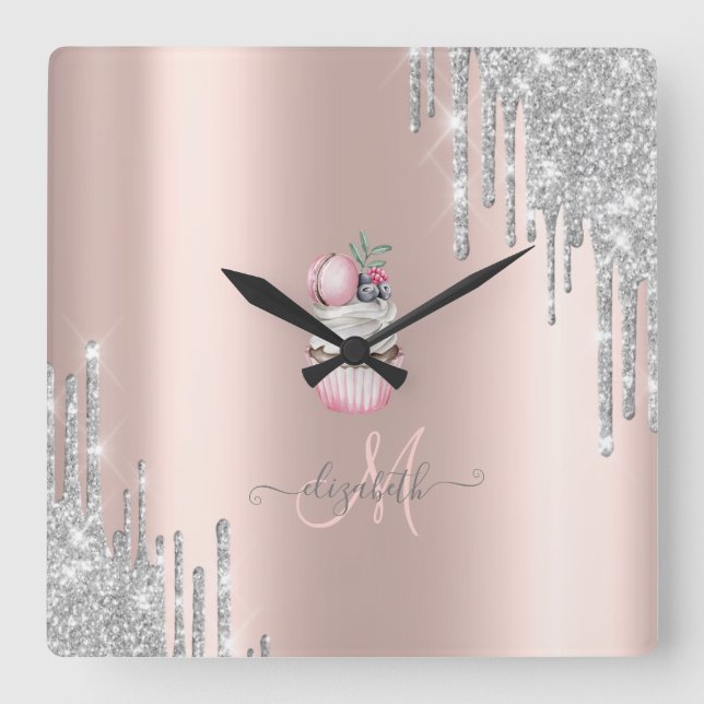 Silver Glitter Drips Rose Gold Monogram Cupcake  Square Wall Clock (Front)