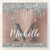 Silver Glitter Drips Rose Gold Name Monogram