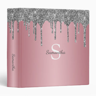 Silver Glitter Drips Rose Gold Pink Monogram Name Binder