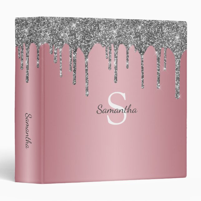 Silver Glitter Drips Rose Gold Pink Monogram Name Binder (Front/Spine)