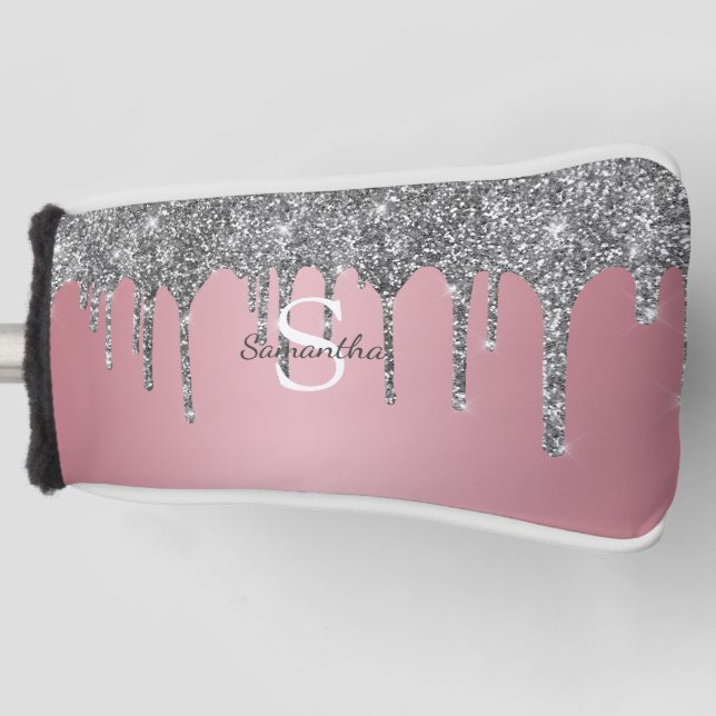 Silver Glitter Drips Rose Gold Pink Monogram Name Golf Head Cover (Front)