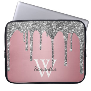 Silver Glitter Drips Rose Gold Pink Monogram Name Laptop Sleeve