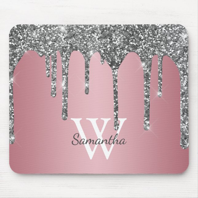Silver Glitter Drips Rose Gold Pink Monogram Name Mouse Pad (Front)