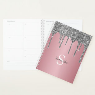 Silver Glitter Drips Rose Gold Pink Monogram Name Planner