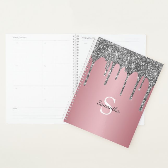 Silver Glitter Drips Rose Gold Pink Monogram Name Planner (Display)