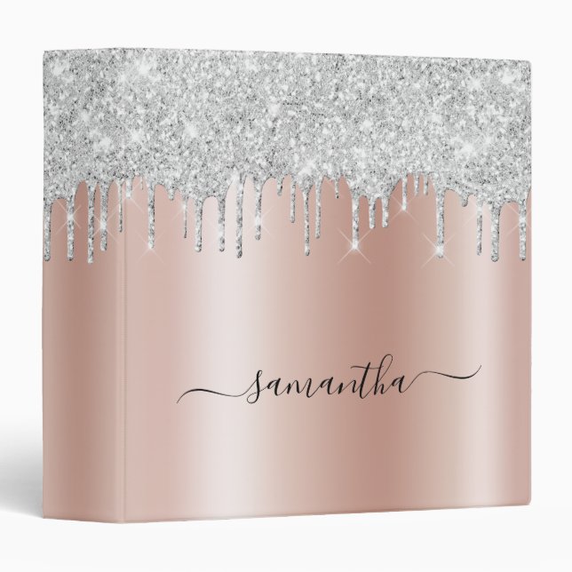 Silver Glitter Drips Rose Gold Shimmer Glam Name Binder (Front/Spine)