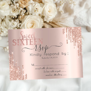  Silver Glitter Drips Rose Gold Sweet 16 RSVP   Invitation