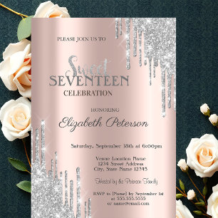 Silver Glitter Drips Rose Gold Sweet 17 Birthday Invitation
