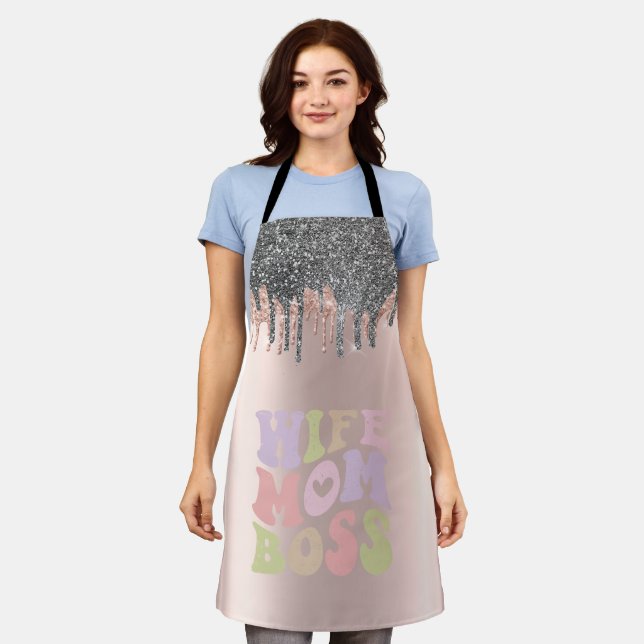 Silver Glitter Drips Rose Gold Wife Mom Boss Apron (Worn)
