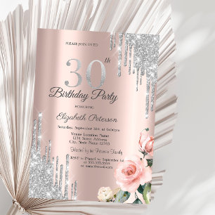 Silver Glitter Drips Roses Rose Gold 30th Invitation