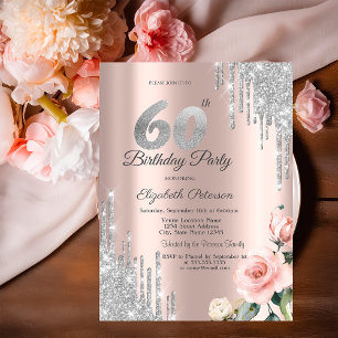 Silver Glitter Drips Roses Rose Gold 60th Invitation