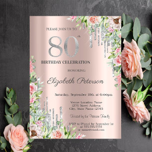 Silver Glitter Drips,Roses Rose Gold 80th Invitation