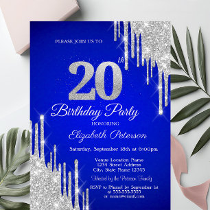 Silver Glitter Drips Royal Blue 20th Birthday Invitation