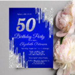 Silver Glitter Drips Royal Blue 50th Birthday  Invitation<br><div class="desc">A modern,  chic,  and glamourous with silver glitter drips on a royal blue background.</div>