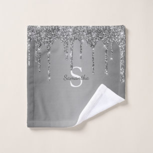 Silver Glitter Drips Sparkle Monogram Name Bath Towel Set
