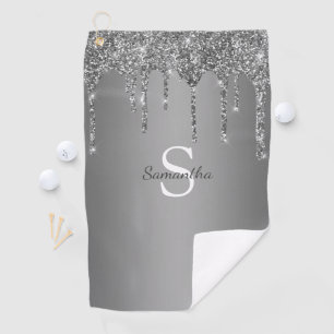 Silver Glitter Drips Sparkle Monogram Name Golf Towel