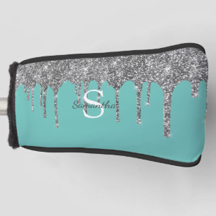 Silver Glitter Drips Sparkle Monogram Name Teal Golf Head Cover