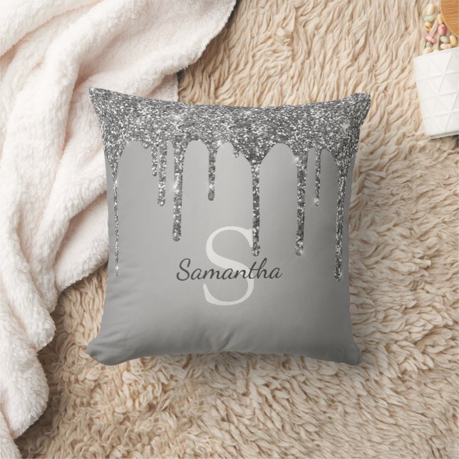 Silver Glitter Drips Sparkle Monogram Name Throw Pillow (Blanket)