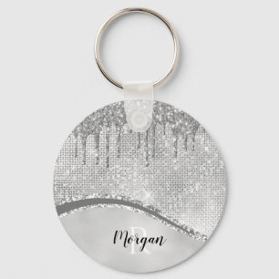Silver Glitter Drips & Sparkle, Name & Monogram Ke Keychain