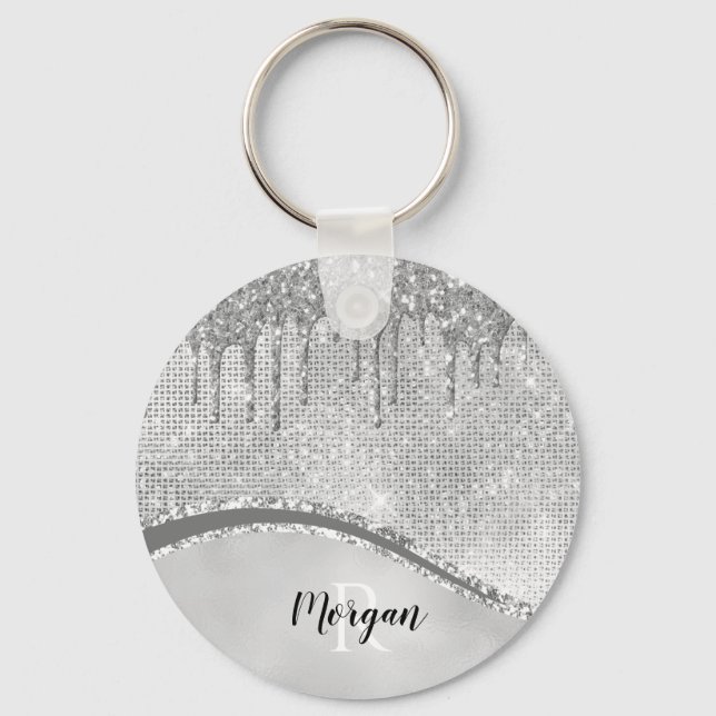 Silver Glitter Drips & Sparkle, Name & Monogram Ke Keychain (Front)