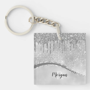 Silver Glitter Drips & Sparkle, Name & Monogram Keychain