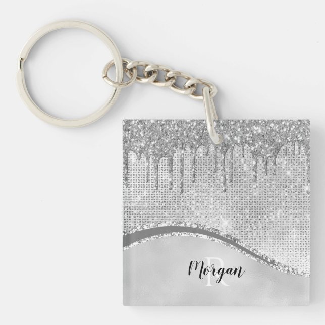 Silver Glitter Drips & Sparkle, Name & Monogram Keychain (Front)