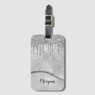 Silver Glitter Drips & Sparkle, Name & Monogram Luggage Tag