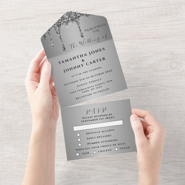 Silver Glitter Drips Sparkle RSVP Elegant Wedding All In One Invitation (Tearaway)