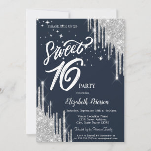  Silver Glitter Drips Stars Navy Blue Sweet 16  Invitation