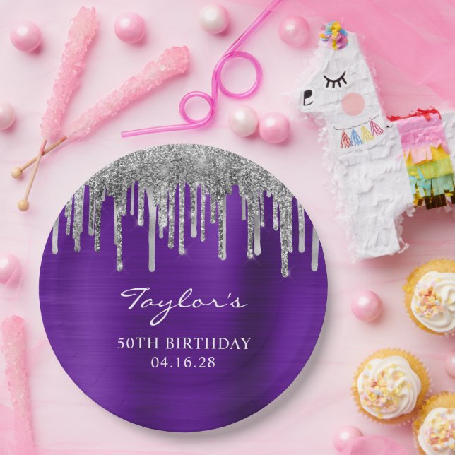 Silver Glitter Drips Violet Purple 50th Birthday Paper Plate (Party)