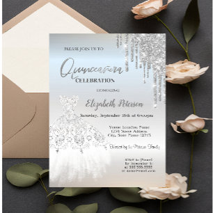 Silver Glitter Drips,White Dress Quinceañera Invitation