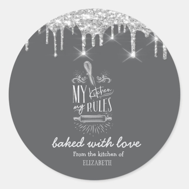 Silver Glitter Drops Bakery Tools Classic Round Sticker (Front)