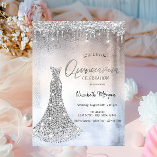 Silver Glitter Drops,Diamonds Dress Quinceanera  Invitation
