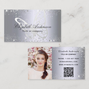 Silver glitter dust butterfly qr code photo business card