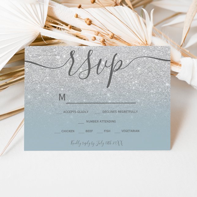 Silver glitter dusty blue script chic rsvp card (Creator Uploaded)