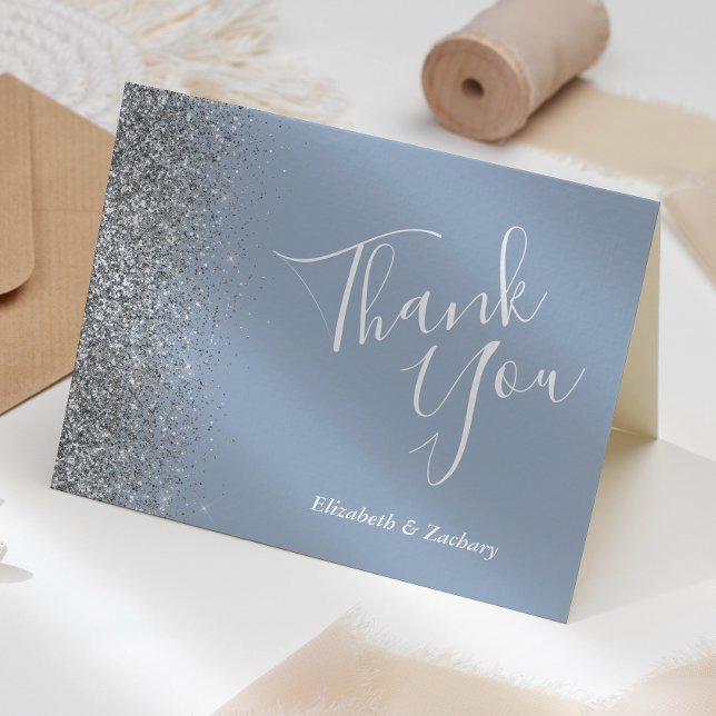 Silver Glitter Dusty Blue Wedding Thank You Card (Creator Uploaded)
