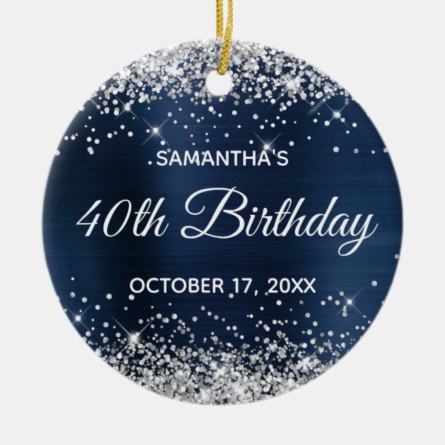 Silver Glitter Dusty Navy Blue Foil 40th Birthday Ceramic Ornament (Front)