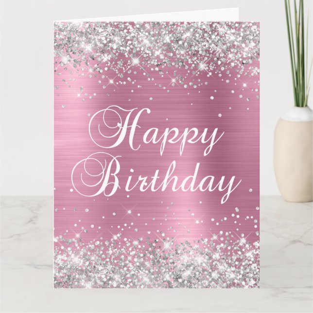 Silver Glitter Dusty Pink Big Happy Birthday Card (Front)