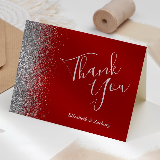 Silver Glitter Edge Crimson Red Wedding Thank You Card (Creator Uploaded)