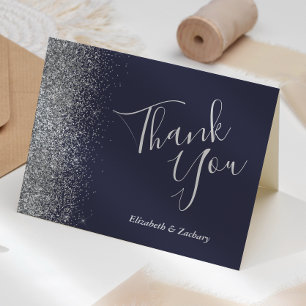 Silver Glitter Edge Dark Blue Wedding Thank You Card