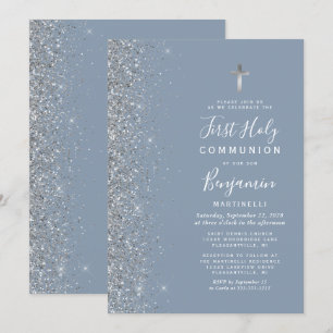 Silver Glitter Edge Dusty Blue First Communion Invitation
