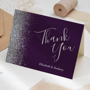 Silver Glitter Edge Purple Wedding Thank You Card