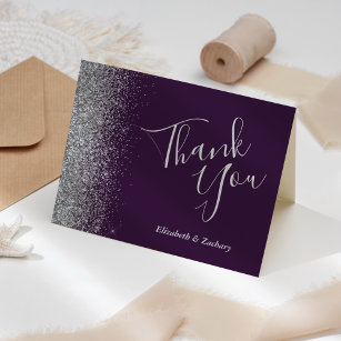 Silver Glitter Edge Purple Wedding Thank You Card